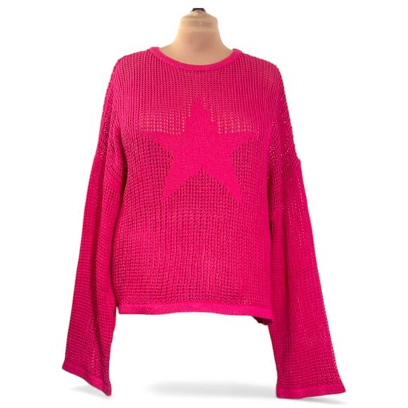 Davi & Dani Star Front Hot Pink Crochet Drop Shoulder Knit Top, NEW! Size 1XL - Picture 2 of 7